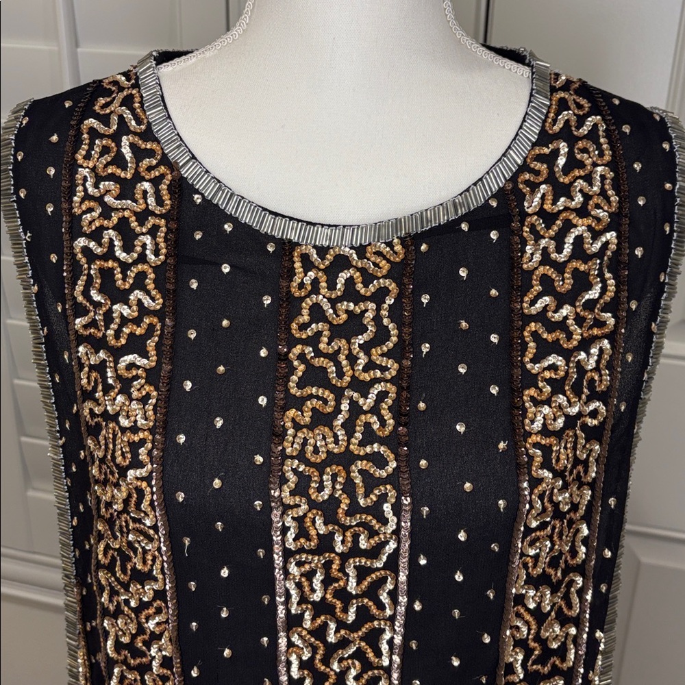 Jaloux Hand Embellished Sequinned Top Black and Gold Open Sides New Small